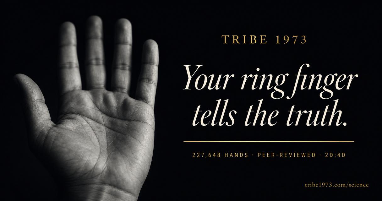 Right hand raised — ring finger subtly longer than index
